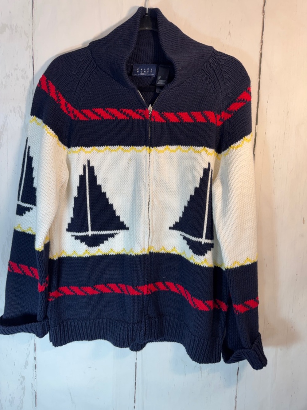 Nautical Sailboat Zip-Up Cardigan Sweater - Navy, White & Red yellow